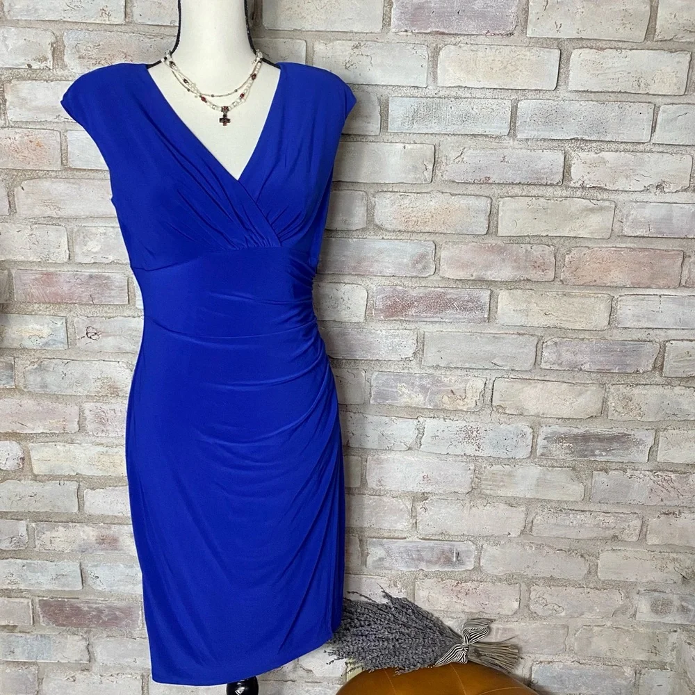 NWT Lauren Ralph Lauren Cobalt Blue Faux Wrap Dress - Picture 3 of 12